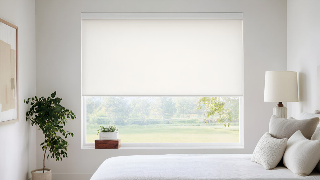 Modern Minimalist Bedroom Interior Design with White Roller Blinds and Natural Light