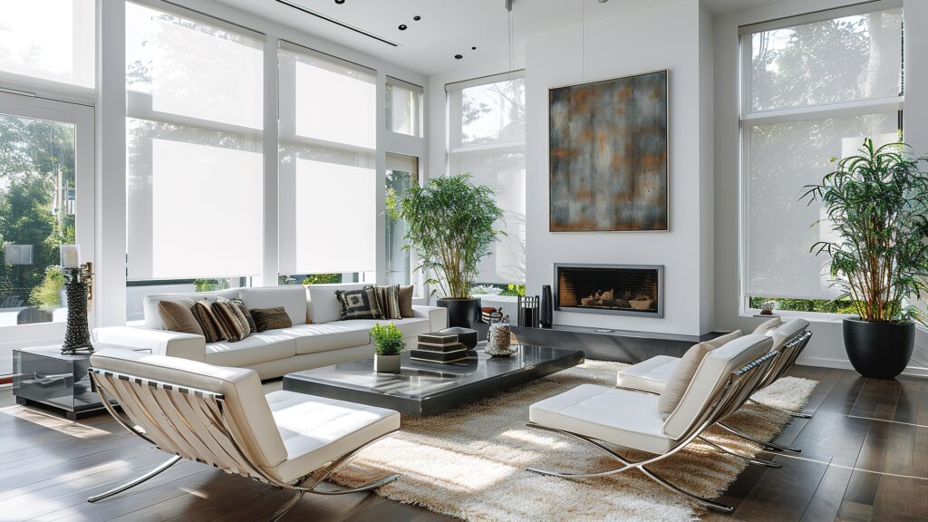 clean and modern living room with white roller shades