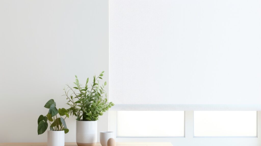 Stylish roller blinds on white marble table, close-up. Space for text