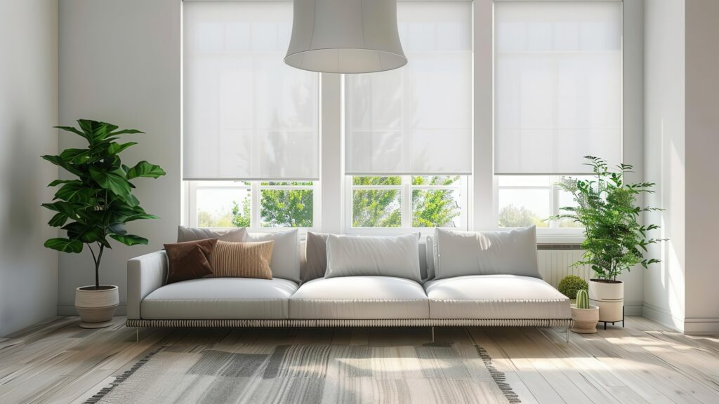 living room with white roller blinds houseplant and sofa bright interior design 3d render