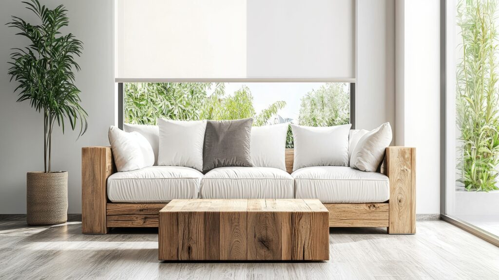 Modern interior with large roller blinds, automatic blackout and solar shades, wood decor panels on walls, and electric sunscreen curtains
