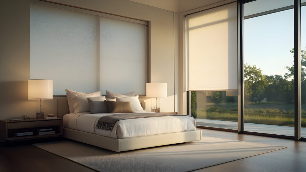 Elegant bedroom sleek furniture bathed in soft morning light cellular shades half-drawn allowing a warm glow inside.