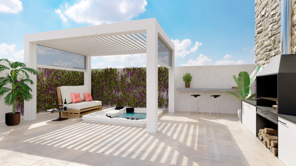 3D illustration of white outdoor bioclimatic pergola on urban patio with jacuzzi and barbecue. White pallet couch next to hot whirlpool bath.
